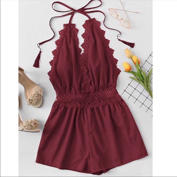 Pants - Burgundy/maroon lace trim romper